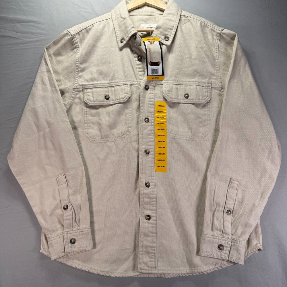 Lukcy Brand Button Down Shirt Men Medium Beige Twill Long Sleeve Heavy Thick NWT